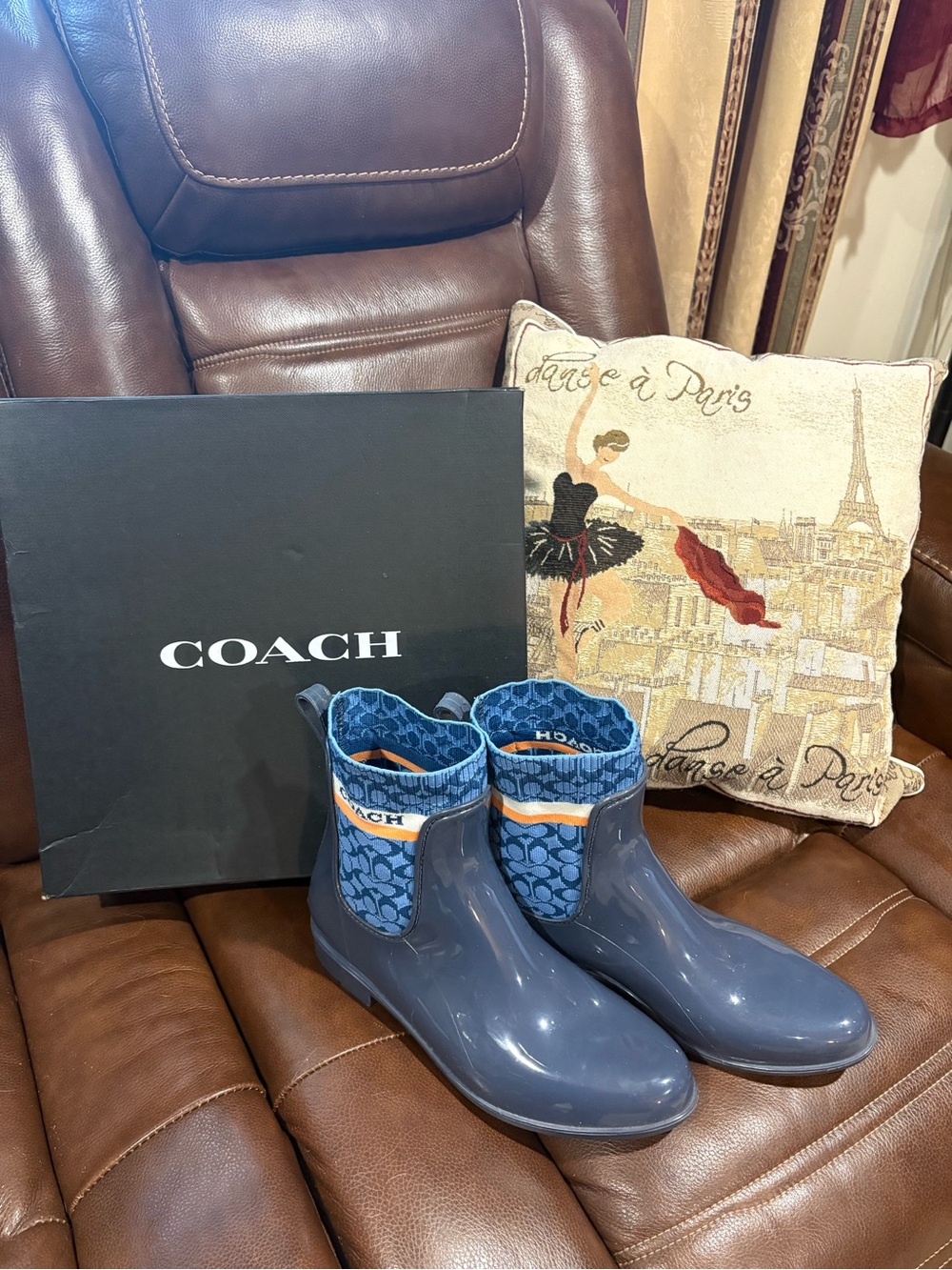 COACH Women's Navy Signature Rain Ankle Boots